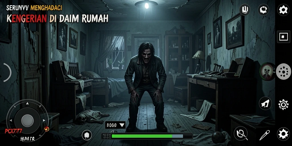 Tampilan menegangkan dari antarmuka game PCX777 yang menyeramkan.