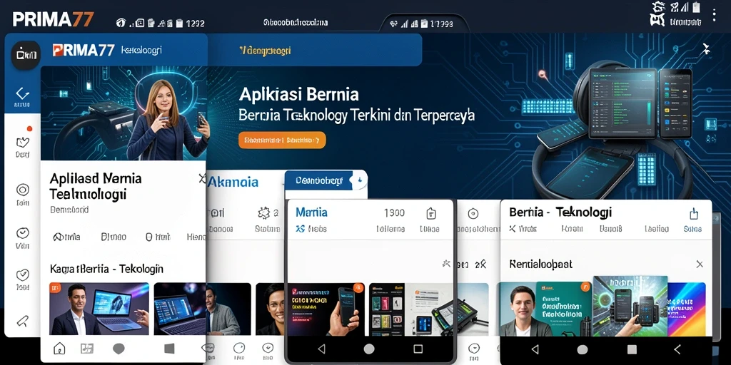 Antarmuka aplikasi PRIMA77 menampilkan berita teknologi terbaru dengan desain menarik.